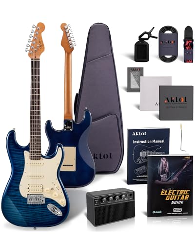 AKLOT Stryde Electric Guitar with Coil-Split: Roasted Maple Neck, Flame Maple Graphic Top, HSS Ceramic Pickups, Beginner Guitar Kit with 10W Amp
