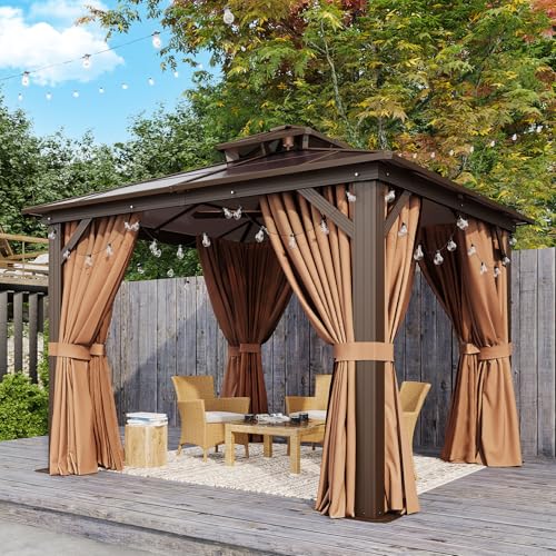 Aoxun 12'x10' Hardtop Gazebo, Aluminum Frame Permanent Pavilion with Curtains and Netting, Outdoor Polycarbonate Double Roof Canopy