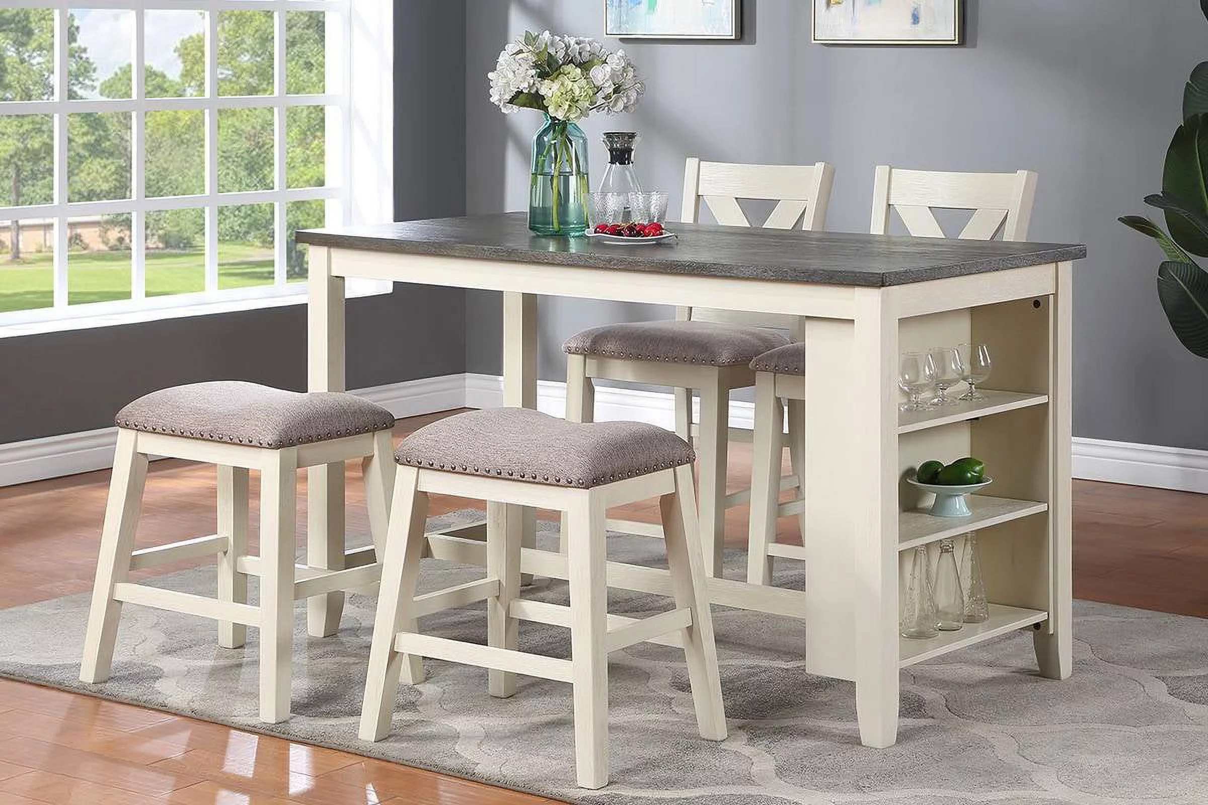 Dcenta Modern Contemporary 5pc Counter Height High Dining Table w Storage Shelves High Chairs And Stools Wooden Kitchen Breakfast Table Dining Room
