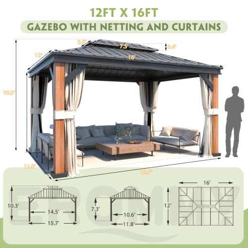 EROMMY 12'x20' Hardtop Gazebo Double Roof Galvanized Steel Canopy Outdoor Aluminum Frame Permanent Metal Pavilion with Netting and Curtains for Patio