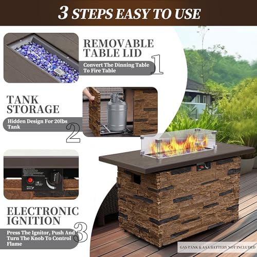 43¡± Propane Fire Pit Table Outdoor Rectangular Stone Firepit Table 50,000 Btu Propane Fire Tables for Outside Patio with Glass Wind Guard, Lid