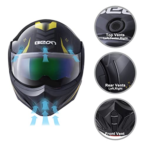 BEON Full Face Motorcycle Helmet DOT Approved, 180° Reversible Chin Guard Modular Pilot Helmet with Anti-Fog Dual Visors for Adult Men Women (S-XXL)