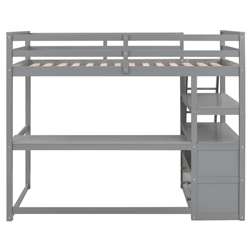 Full Size Loft Bed with Desk & Wardrobe, Solid Wood Kids Loft Bedframe w/3 Storage Drawers & 2 Shelves, Maximum Space Design, for Bedroom, Dorm, Gray