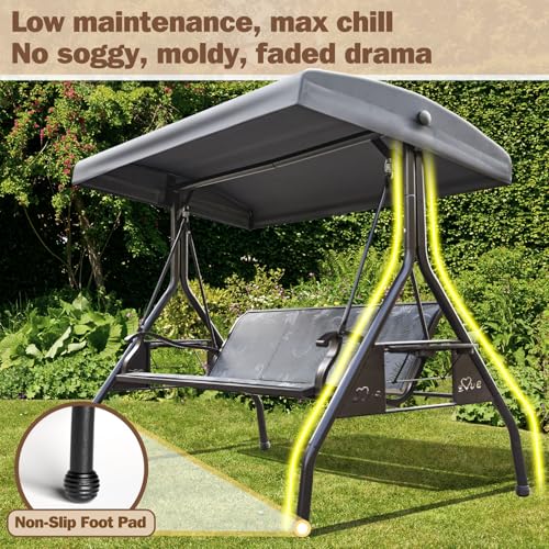 3 Person Patio Swing Outdoor Swing for Adults with Adjustable Canopy &Upgraded Cup Holders Textilene Fabric Porch Swing Chair with Stand Heavy Duty