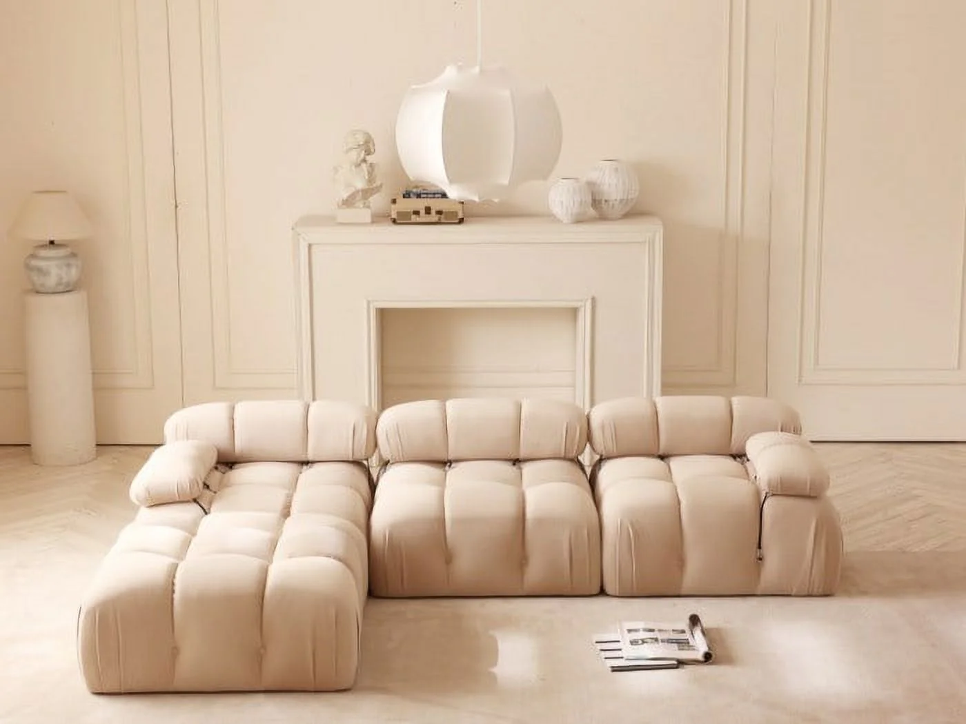 Modular Sectional Sofa Modern Three Seater with Ottoman Wide Couch Sectional for Living Room Bedroom Apartment Tan