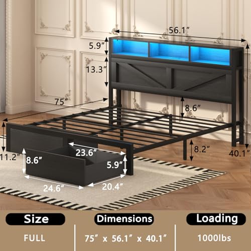 Farmhouse Full Bed Frame with Bookcase Storage Headboard, Charging Station, LED Light and 2 Storage Drawers, Noise Free, No Box Spring Needed, Brown