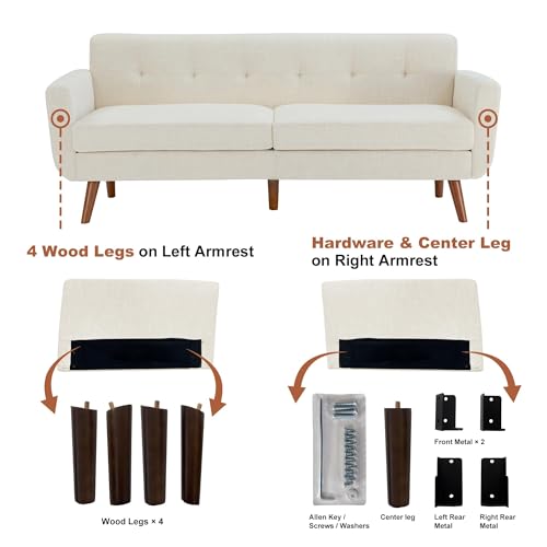 Tbfit L Shaped Couch Sofa, 80" W Mid-Century Modern Sectional Couches, 3 Seater Sofas with Wide Chaise Lounge & Two Pillows
