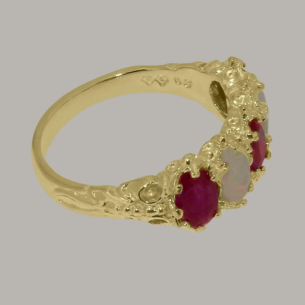 LBG British Made 18k Yellow Gold Natural Ruby & Opal Womens Eternity Ring - 33 size options - Size 10
