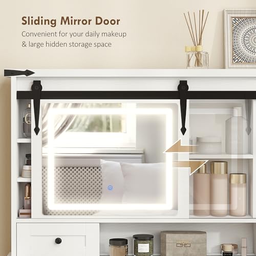HOMCOM Farmhouse Vanity Desk with Mirror, LED Lights Makeup Vanity Table with 42 Inch Glass Tabletop, Cushioned Stool, Drawers & Shelves & Cabinet