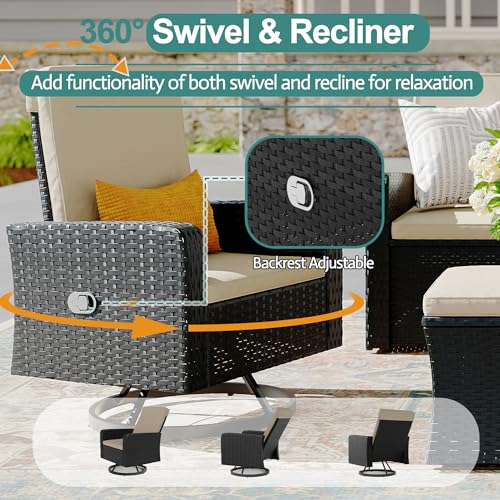 6 Piece Patio Furniture Set, Wicker Patio Conversation Sets with Swivel & Recline Chairs, Outdoor Sectional Sofa Sets with 2 Storage Ottoman