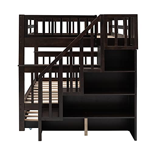 Harper & Bright Designs Twin Over Twin Bunk Bed with Stairs and Trundle, Solid Wood Stairway Bunk Bed Frame with Storage