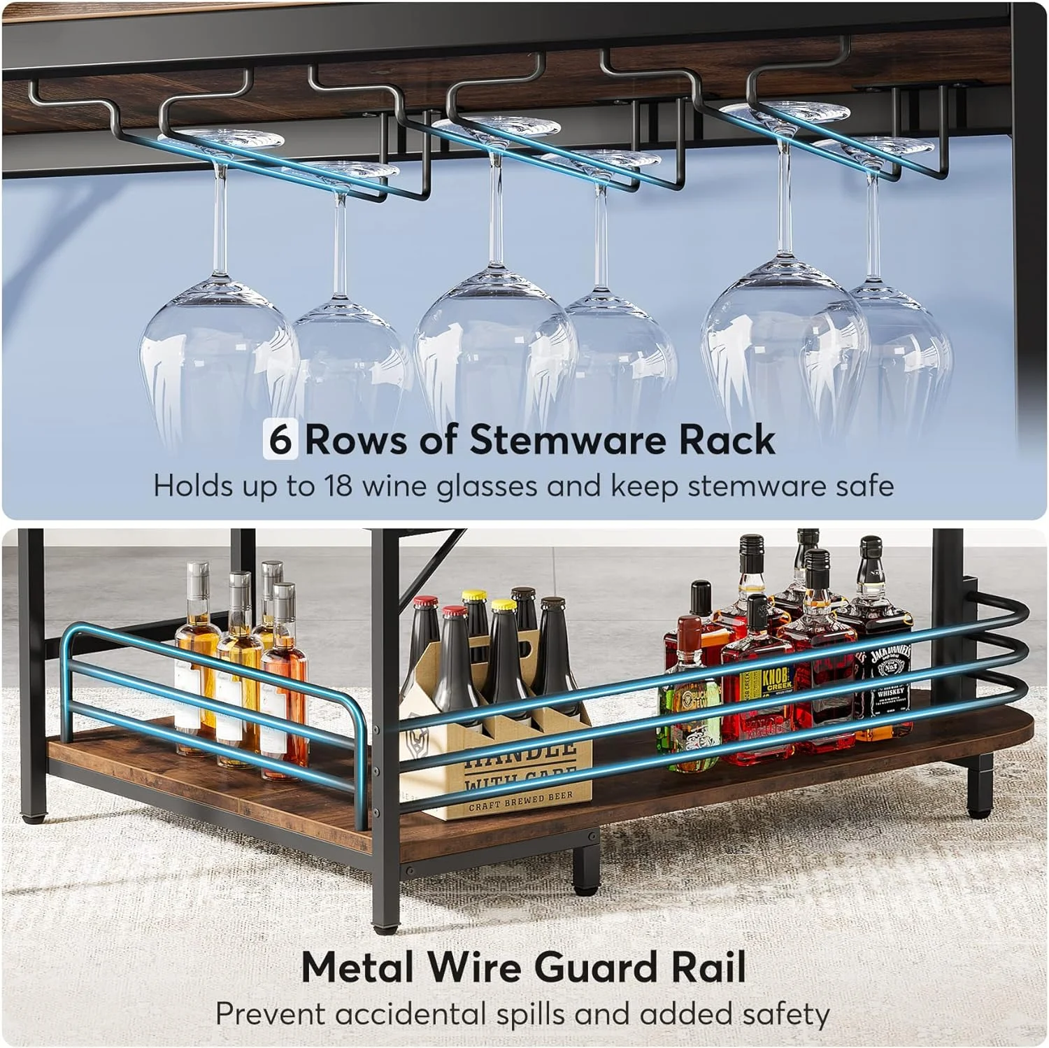 U-SHARE L-Shaped Home Bar Unit, 3 Tier Liquor Bar Table with Storage Shelves and Wine Glasses Holder