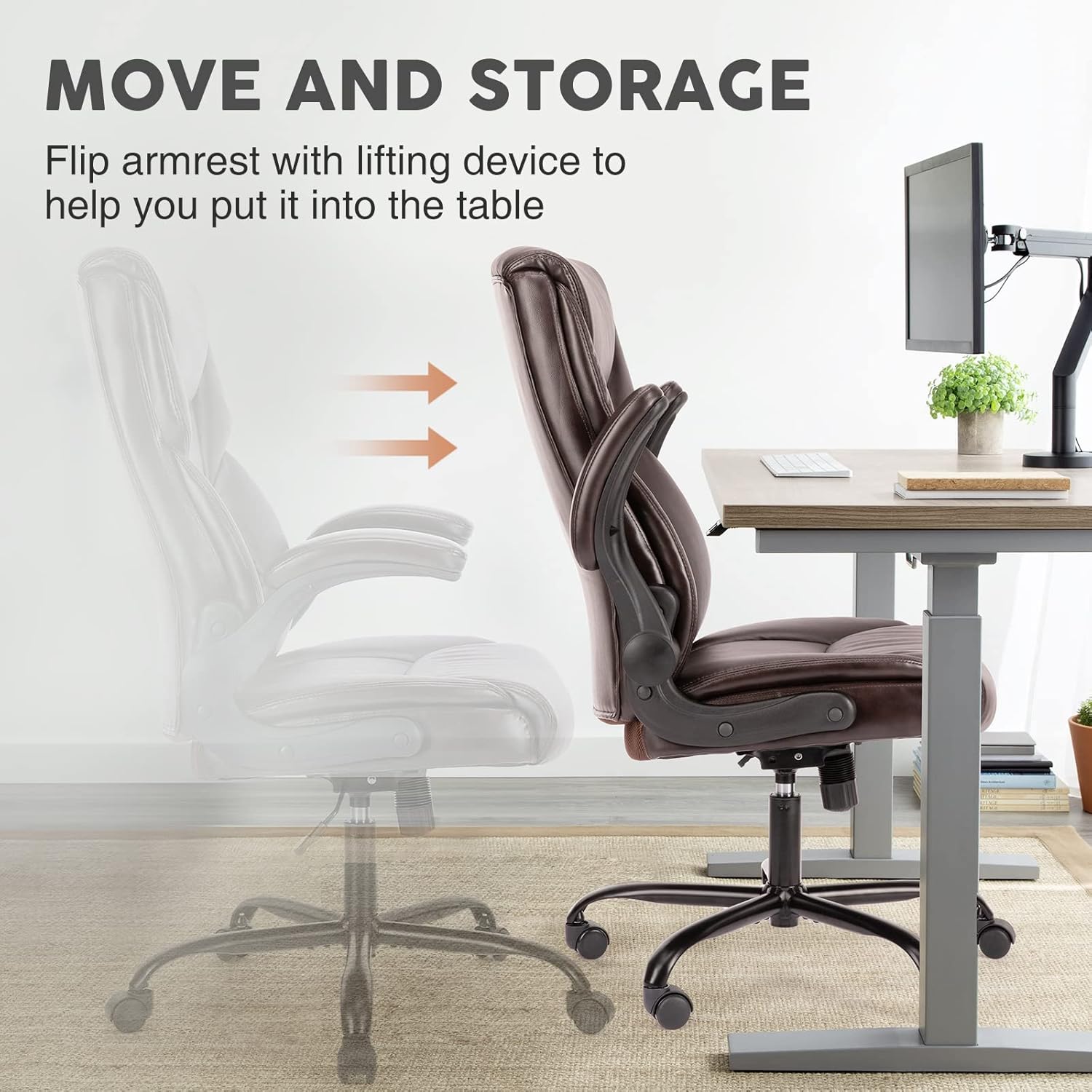 Executive PU Leather High Back Flip-Up Armrest Adjustable Ergonomic Home Office Desk Chair, Brown
