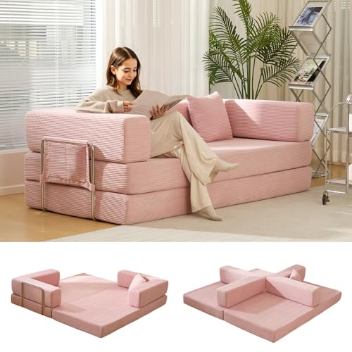 Convertible Sleeper Sofa Bed No Assembly Corduroy Upholstered Green Modular Floor Couch Queen/King Size Foldable Futon with Memory Foam for Apartment