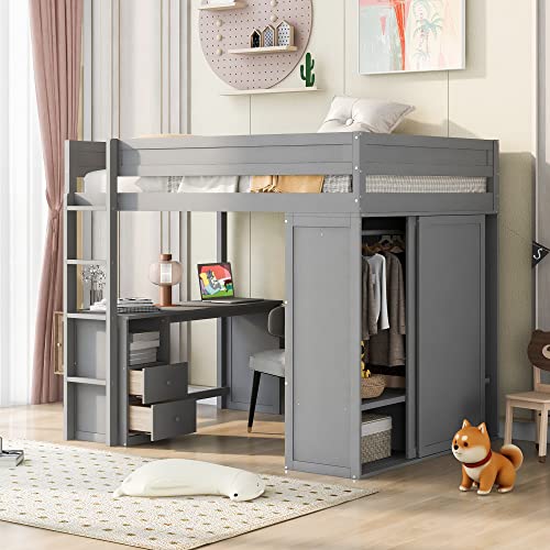 Full Size Loft Bed with Storage Wardrobe and Desk Wooden Loft Beds Frame with Drawers and Cabinet Wood High Loft Beds with Ladder for Kids Teens