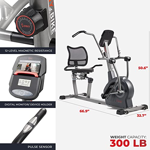 Sunny Health & Fitness Elite Recumbent Cross Trainer & Elliptical Machine with Arm Exercisers for Home Arm/Leg Training
