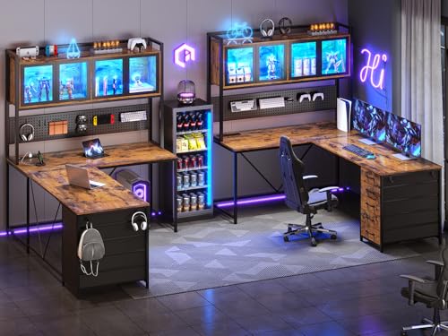 SEDETA L Shaped Gaming Desk with Drawers, L Shaped Computer Desk with Hutch and Storage Shelves, Gaming Desk with Pegboard, Led Lights