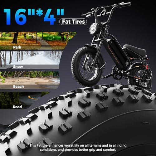 Electric Bike for Adults, 1500W 28MPH Max 55 Miles Electric Motorcycle with 48V Removable Battery, 16'' Fat Tire Full Suspension