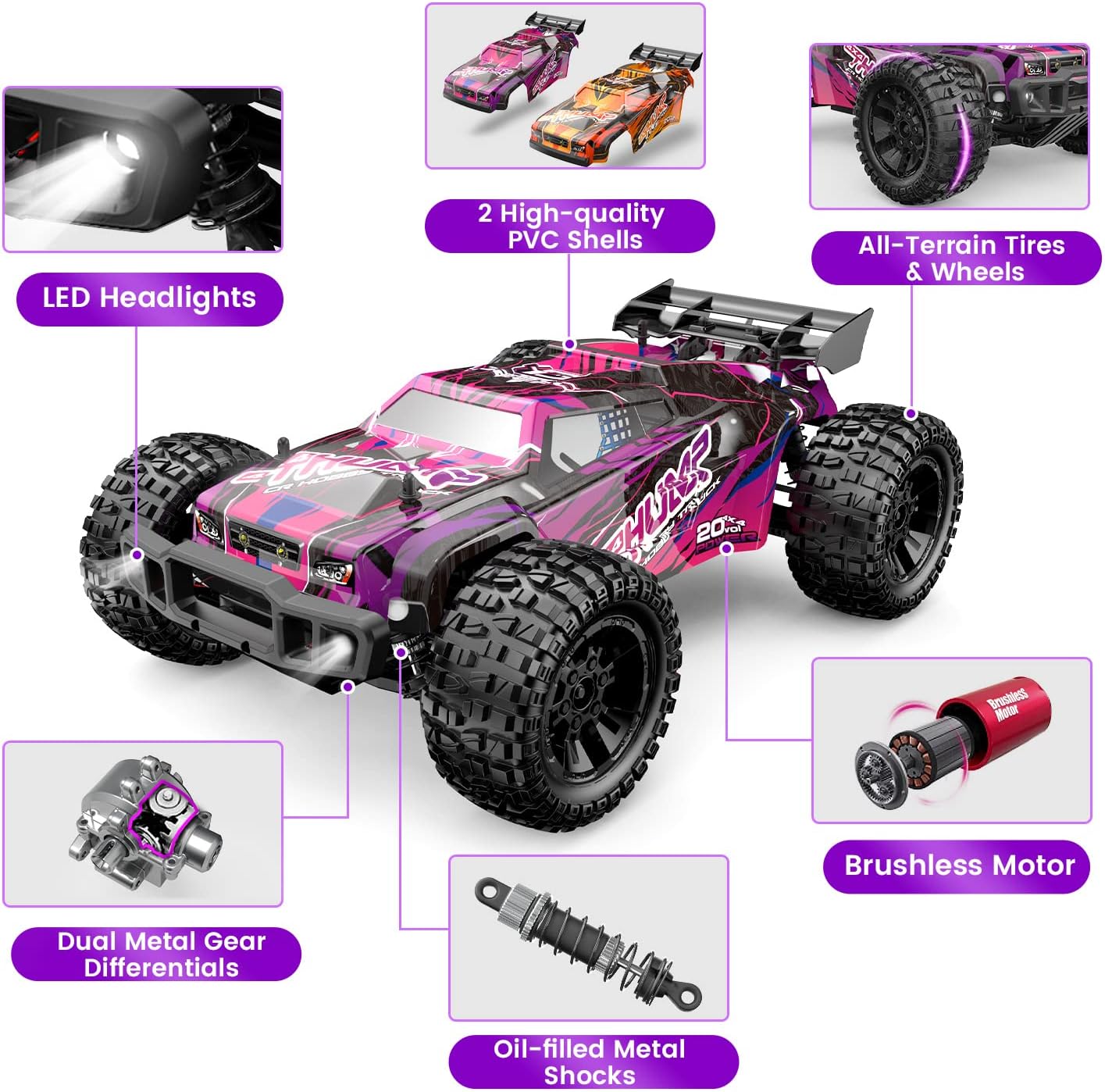 DEERC 200E Large Brushless High Speed RC Cars for Adults, Upgraded 1:10 RC Trucks W/ Extra Shell LED Headlight, 60 KM/H, Remote Control Car