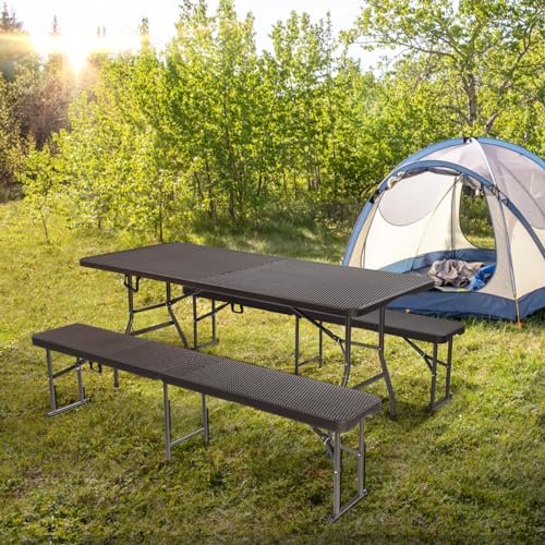 VINGLI Picnic Table Set with 2 Benches, 6 Feet Camping Table Chair Set,3-Piece Folding Furniture for Indoor or Outdoor Use, Smooth Tabletop, White