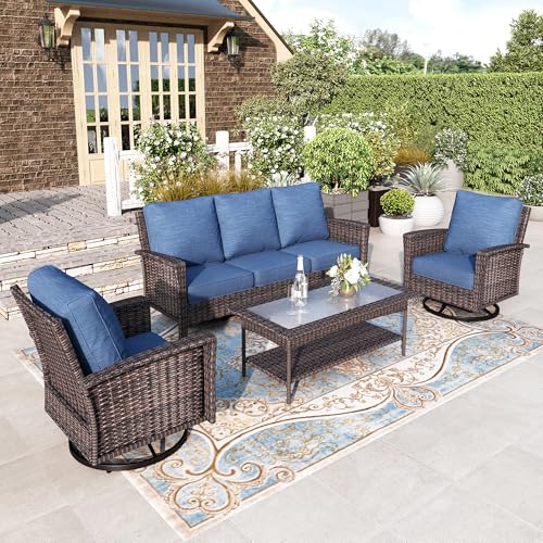 HERA'S HOUSE High Back Patio Furniture Set with Swivel Chairs, Outdoor Wicker Conversation Sets with 5.5" Comfy Cushions, 4 Piece Outside Sofa Sets