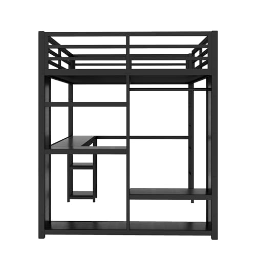 Queen Size Modern Metal Loft Bed with Wardrobe and L-Shaped Desk,Storage Cubes and Shelves,for Kids Teens Adults Bedroom Use (Black#h, Queen)