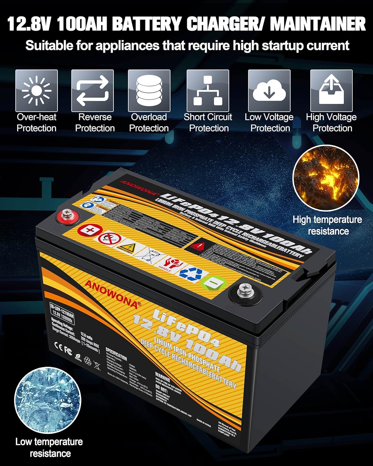 12.8V 200Ah Lithium Iron LiFePO4 Deep Cycle Battery, Built-in 100A BMS, 2000+ Cycles, 280amp Max, Perfect for RV, Solar, Marine, Overland