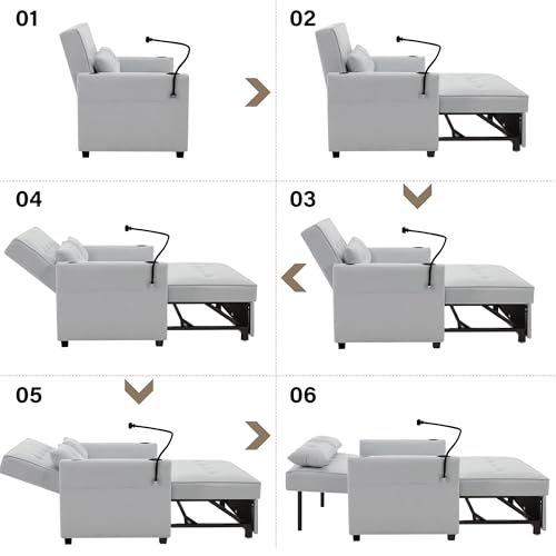 Convertible Loveseat Sleeper Bed, 3-in-1 Chaise Lounge Chair with Pillow and USB Charging, Reading Chair for Adults with Cup Holder, Side Pocket