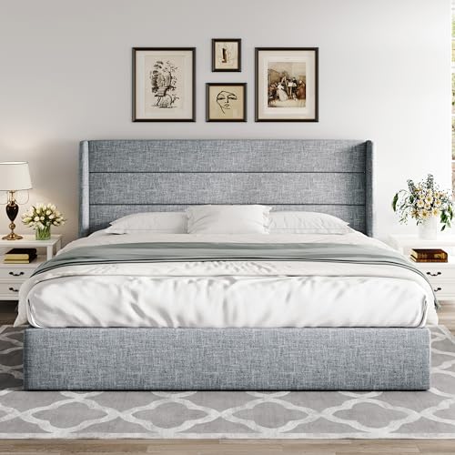 Allewie Full Size Lift Up Storage Bed, Modern Wingback Headboard, Hydraulic Support, No Box Spring Needed, Light Beige