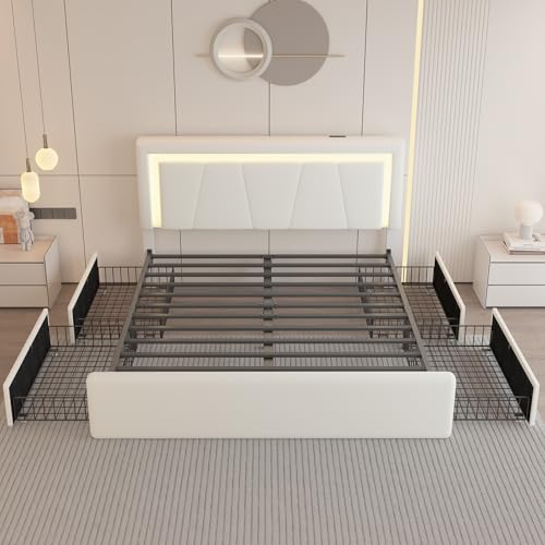 Full Size Bed Frame with 4 Storage Drawers and LED Lights, Upholstered Platform Bed with Adjustable Headboard and Charging Station