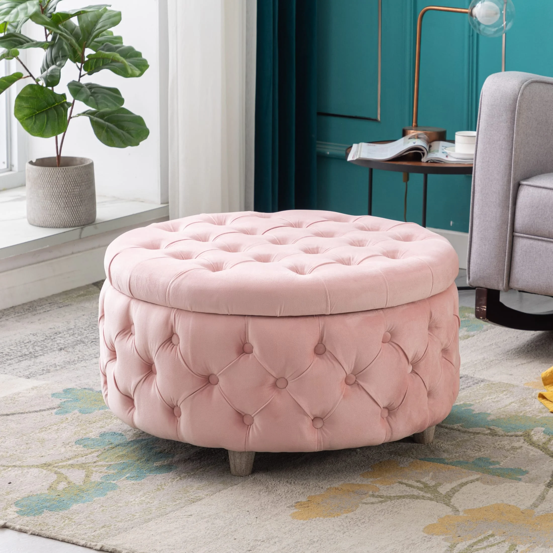 Costaelm Hank Round 29.5" Velvet Tufted Storage Ottoman, Pink