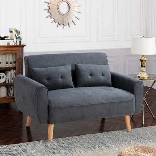 Shintenchi 47" Modern Linen Loveseat Sofa with 2 Pillows - Dark Grey | Compact, Stylish & Comfortable for Apartments, Studios & Small Spaces
