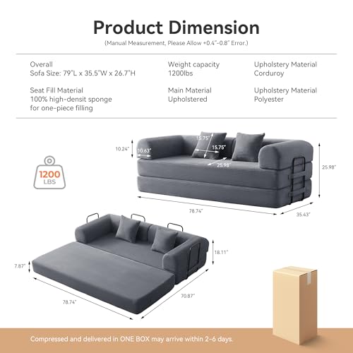 Convertible Sleeper Sofa Bed with Cylindrical Pillow, Comfy Foldable Sofa Bed Compressed Sofa in Box