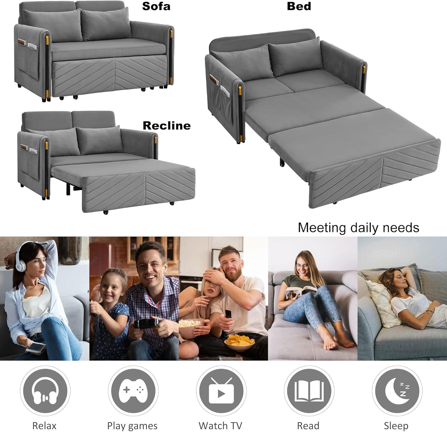 54" Velvet Loveseat, Modern Convertible Sofa Detachable Arm Pockets