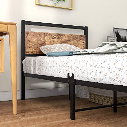 JURMERRY Queen Size Metal Platform Bed Frame with Wooden Headboard and Footboard Heavy Duty Steel Support, Mattress Foundation, No Box Spring Needed