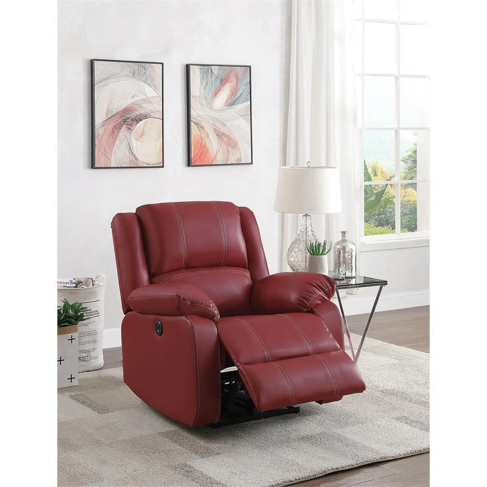Bowery Hill Power Recliner with Pillow Top Armrest in Red Faux Leather