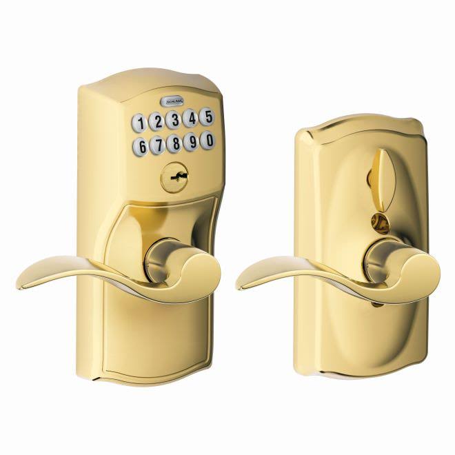 Schlage FE595 CAM/ACC Camelot Keypad Flex-Lock Entry Leverset with Accent Lever Antique Brass