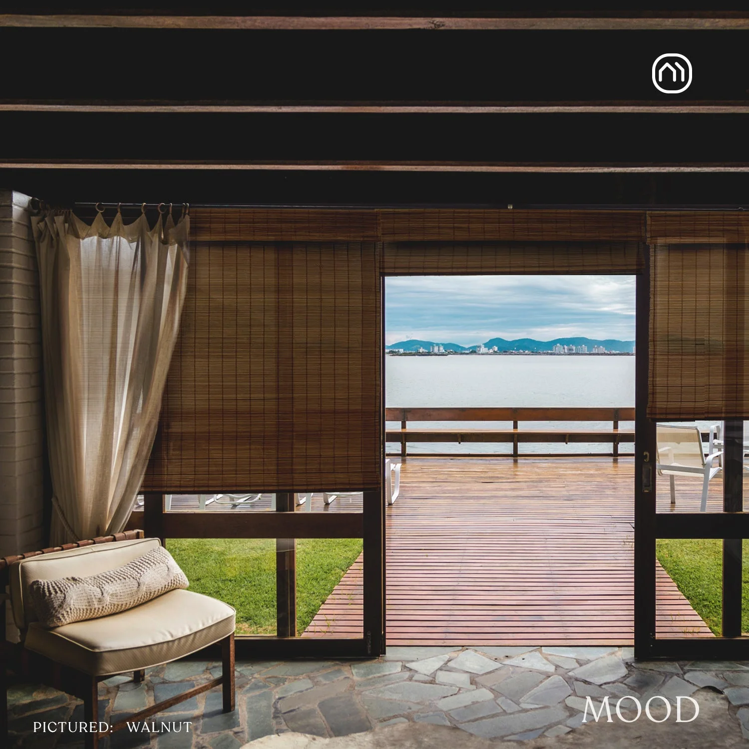 MOOD Custom Bamboo Shades | RUSTIC | Cordless Designer Natural Woven Wood Roman Shades for Windows | Rustic Walnut (Great Privacy) | 37"W X 60"H