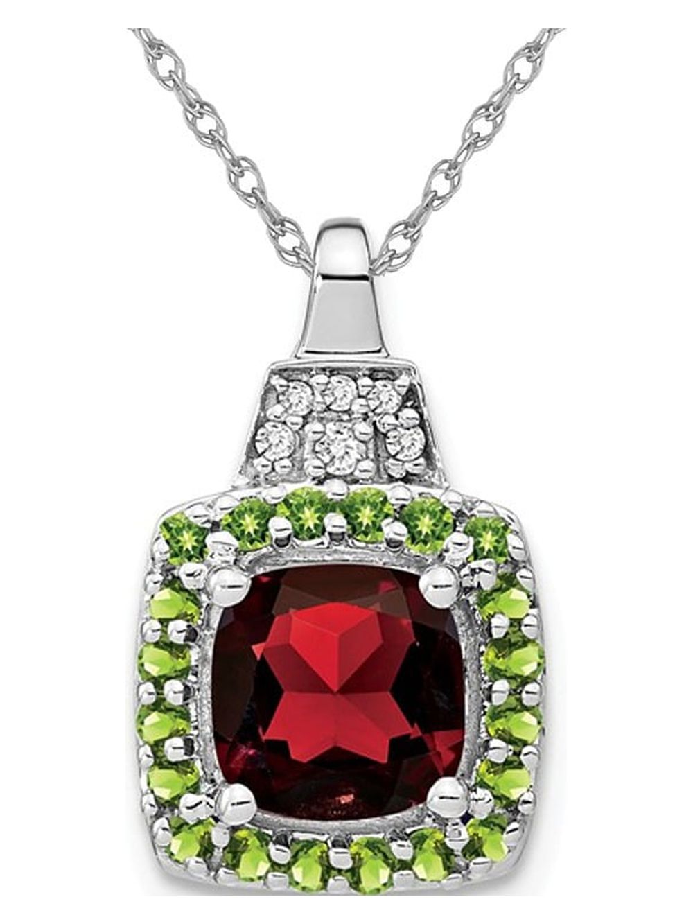 1.30 Carat (Ctw) Garnet and Peridot Pendant Necklace in 14K White Gold with Chain