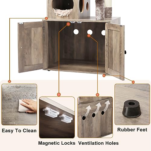 Cat Tree with Litter Box Enclosure, 2-in-1 Cat Tower for Indoor Cats, Large Wood Cat Condo with Basket, Scratching Posts, Pompoms, Rustic Brown