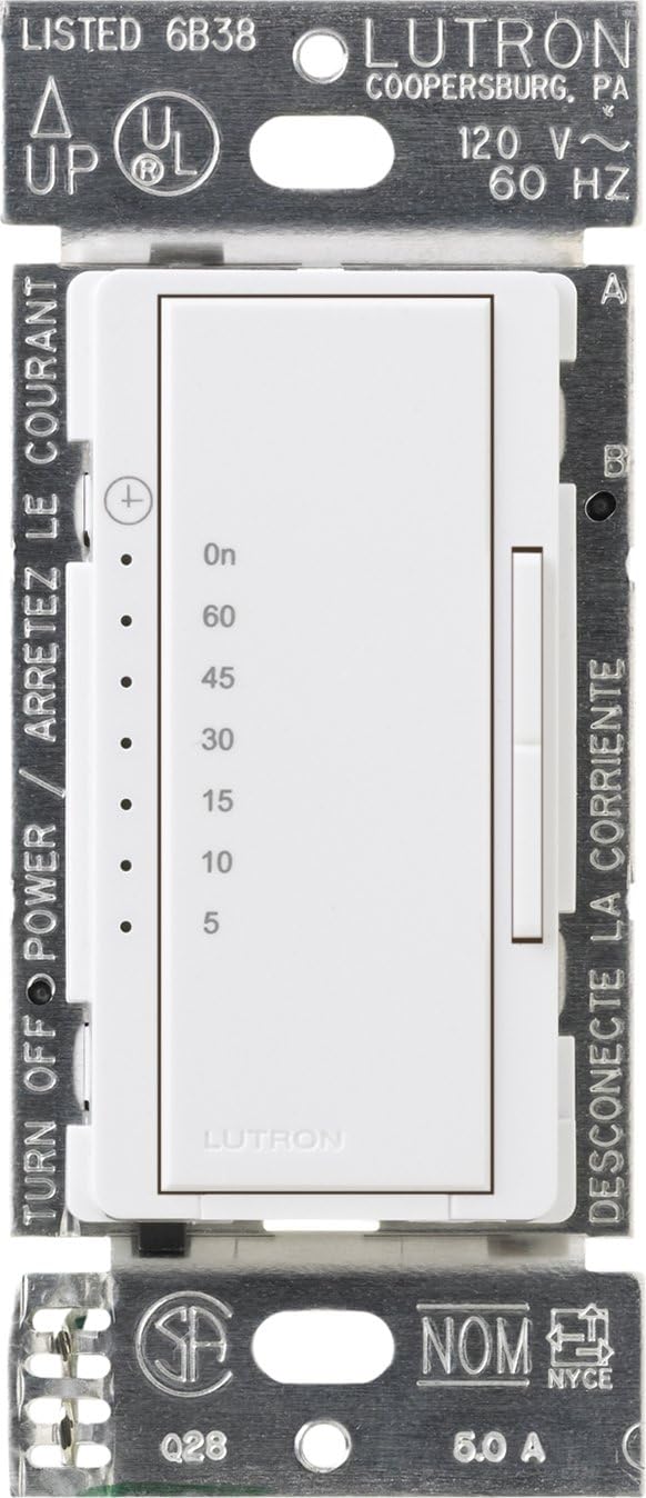 Lutron Maestro Countdown Timer Switch for Halogen and Incandescent Bulbs, 5-Amp Light/3-Amp Fan, Single-Pole or Multi-Location, MA-T51MN-WH, White