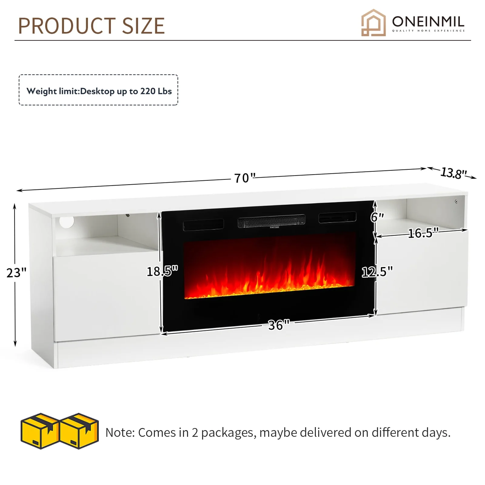 Oneinmil Fireplace TV Stand, Entertainment Center for TVs up to 80", 70” TV Stand with 36'' Electric Fireplace, LED Lights Entertainment Center