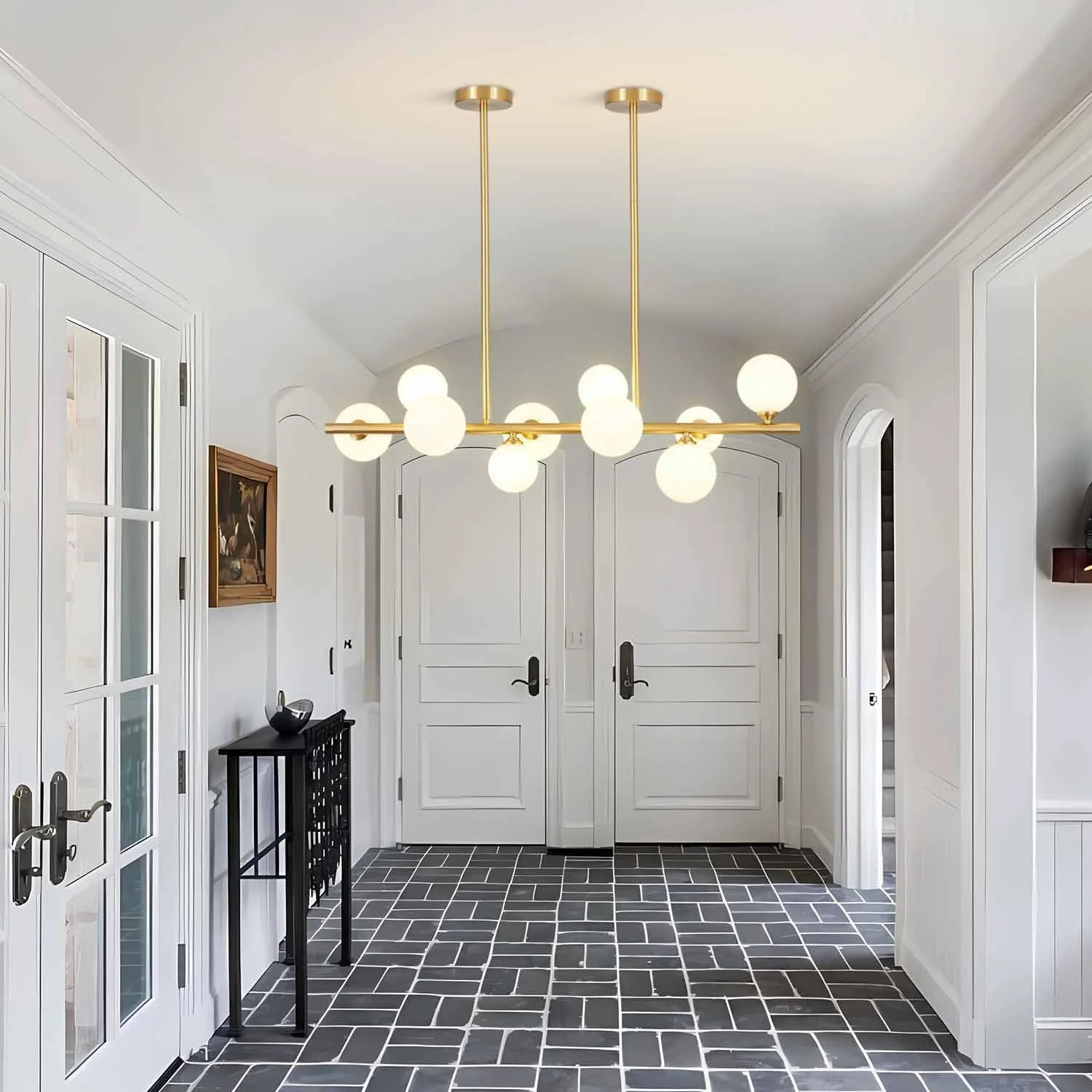 WANHUI Modern Gold Globe Sputnik Chandelier Mid Century Brass Linear Chandelier 10-Lights Frosted White Glass Ball Pendant Light Ceiling Lamp Dining