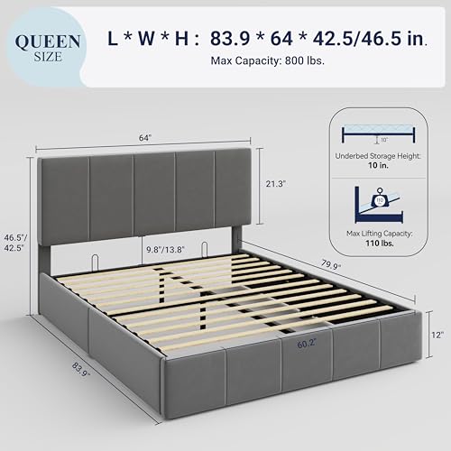 Allewie Queen Size Velvet Lift Up Storage Bed Frame, Vertical Channel Tufted Headboard, Hydrualic Underneath Storage, Upholstered Platform Bed