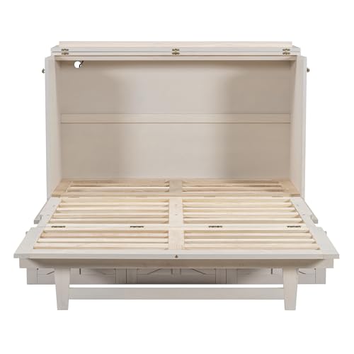 Harper & Bright Designs Full Size Murphy Bed Wall Bed, Solid Pine Murphy Bed Chest Cube Cabinet Bed with USB