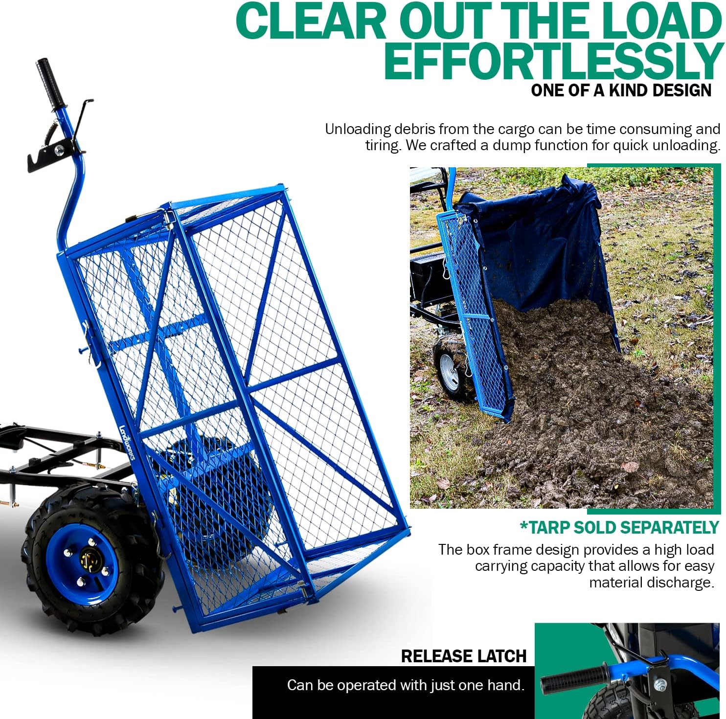 Landworks Utility Service Cart Wheelbarrow Power Wagon Super Duty Electric 48V DC Li-Ion Battery Powered 500LBS Load & 1000LBS+ Hauling Capacity Farm
