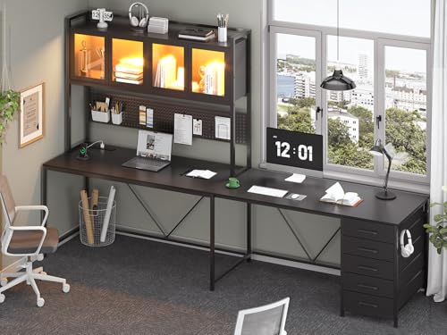 SEDETA L Shaped Gaming Desk with Drawers, L Shaped Computer Desk with Hutch and Storage Shelves, Gaming Desk with Pegboard, Led Lights