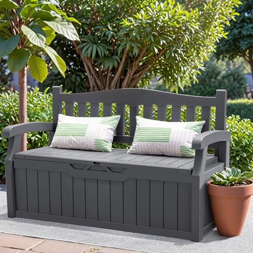 Greesum 80 Gallon Outdoor Storage Bench, Resin Patio Furniture with Armrest,Waterproof and UV-Resistant, Perfect to Garden, Poolside and Lawn