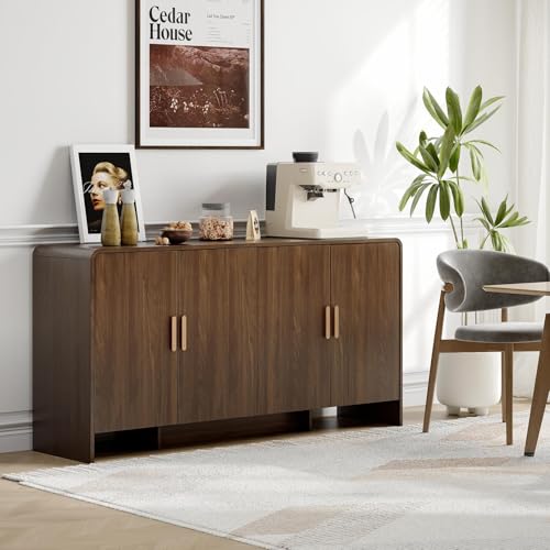 60" Sideboard Buffet Cabinet with Storage, Curved Design Farmhouse Coffee Bar Cabinet with 4 Doors & Adjustable Shelves for Living Room, Kitchen
