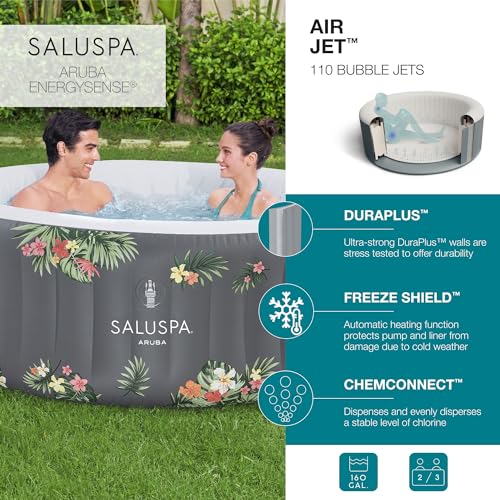 Bestway SaluSpa Aruba AirJet 2 to 3 Person Inflatable Hot Tub, 67 x 26 Inch Round Portable Outdoor Spa with 110 Soothing Jets and Cover, Gray